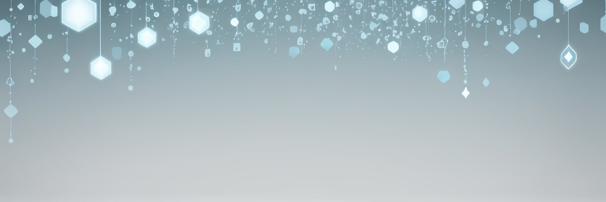 Scattered glowing key shapes, broken lock silhouettes, and floating hexagonal network nodes on a soft light background